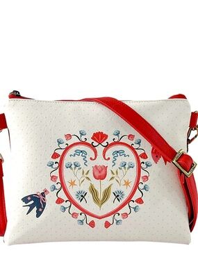 White & Red Floral Heart Crossbody Bag with Adjustable Strap
